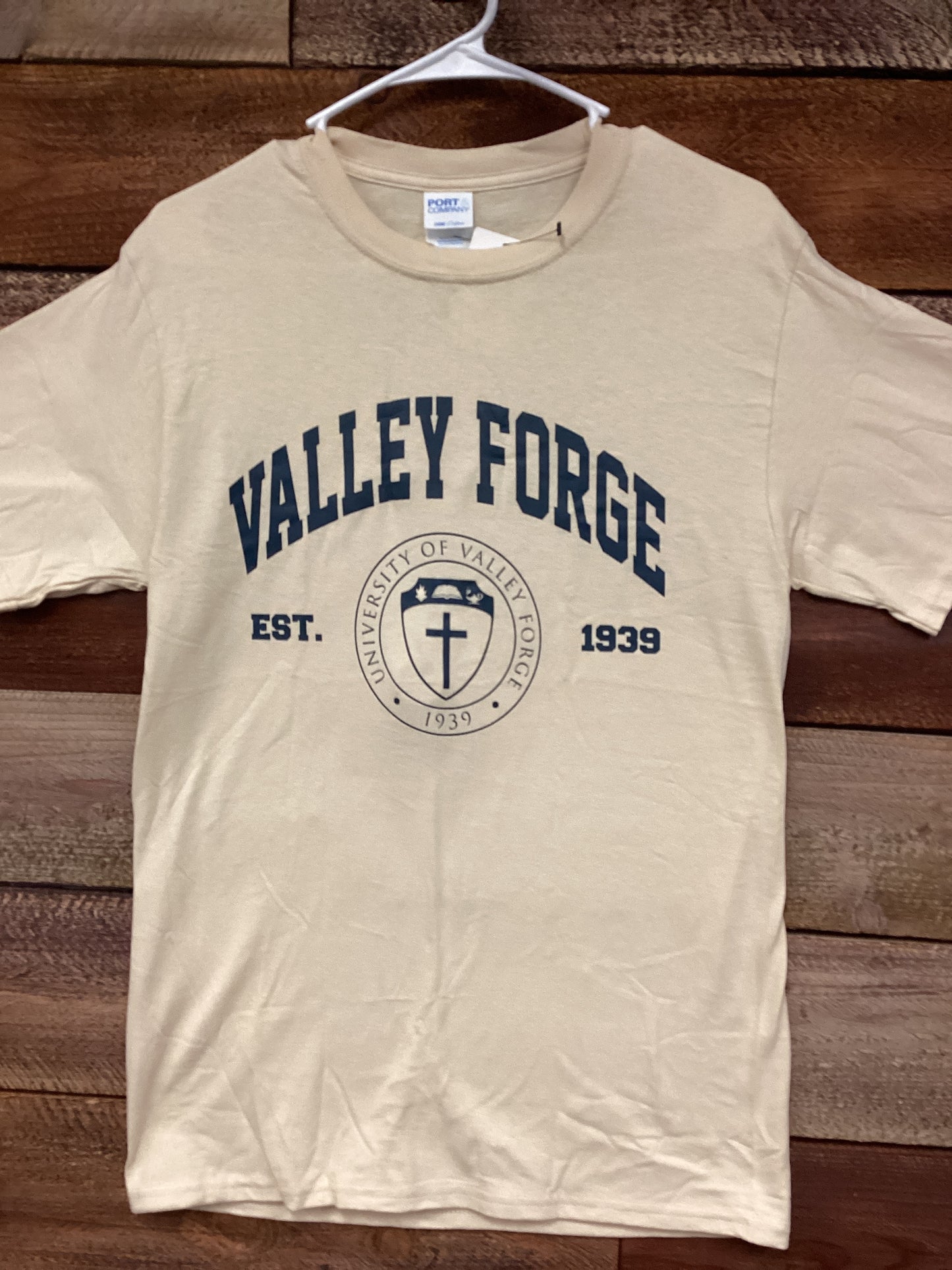 Valley Forge Shield T-Shirt (Tan with Navy Blue Logo)